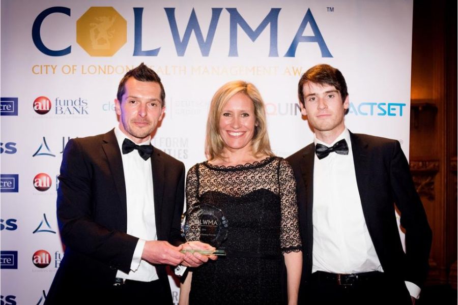 Spreadex Marketing Communications Manager Andy MacKenzie and Online Marketing Executive Matthew Heywood with BBC News’ Sophie Raworth at the LWMA in 2016